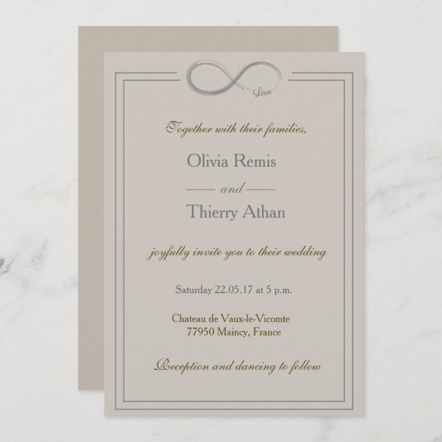 Infinity sign unique taupe gold gray wedding invitation (Front/Back)
