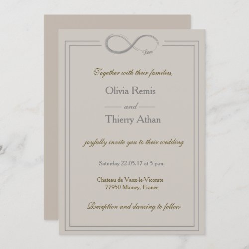 Infinity sign unique taupe gold gray wedding invitation