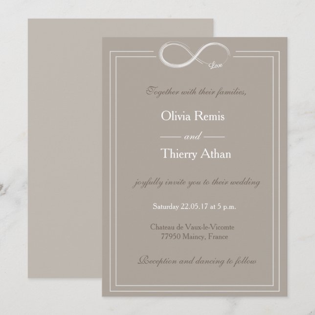 Infinity sign unique taupe gray white wedding invitation (Front/Back)
