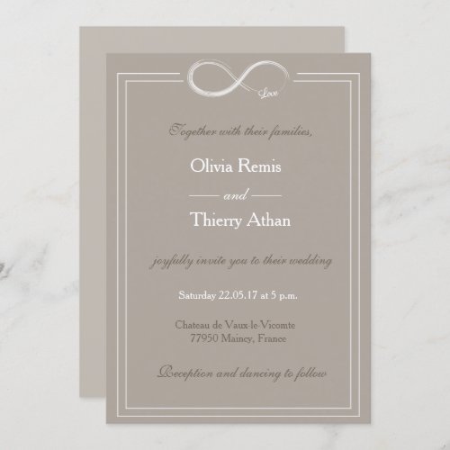 Infinity sign unique taupe gray white wedding invitation