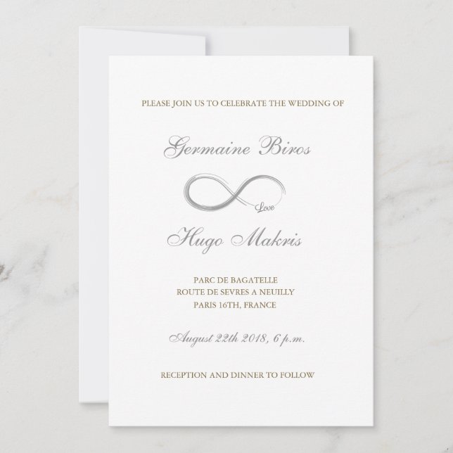 Infinity sign white gray gold elegant wedding invitation (Front)