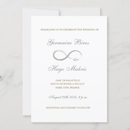 Infinity sign white gray gold elegant wedding invitation