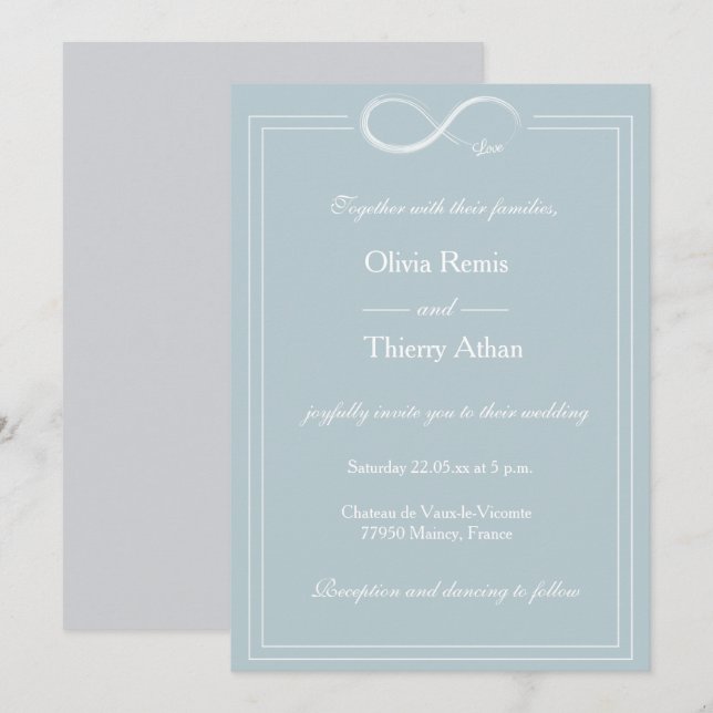Infinity Symbol Dusty Blue White Elegant Wedding Invitation (Front/Back)