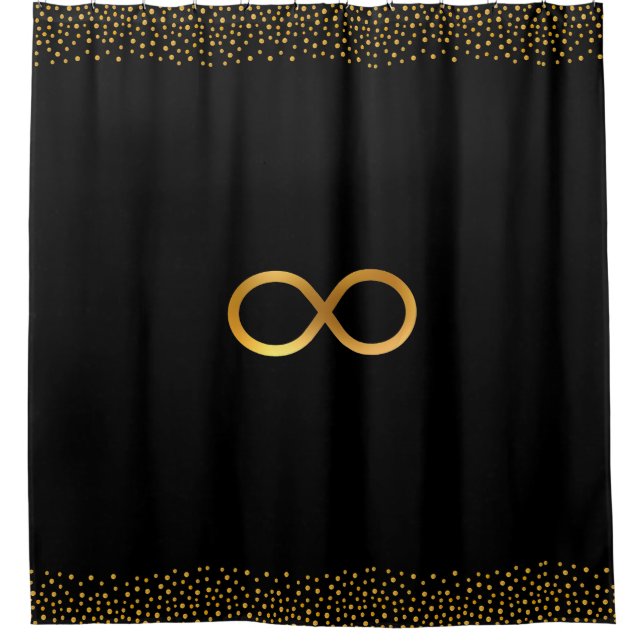 Infinity Symbol & Gold Confetti on Black Shower Curtain (Front)