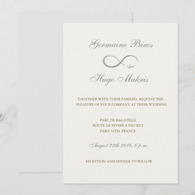 Infinity symbol ivory gray gold elegant wedding invitation (Front/Back)