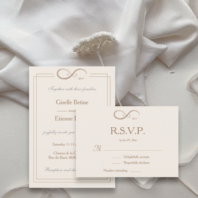 Infinity Symbol Monogram Champagne Wedding RSVP Invitation (Creator Uploaded)