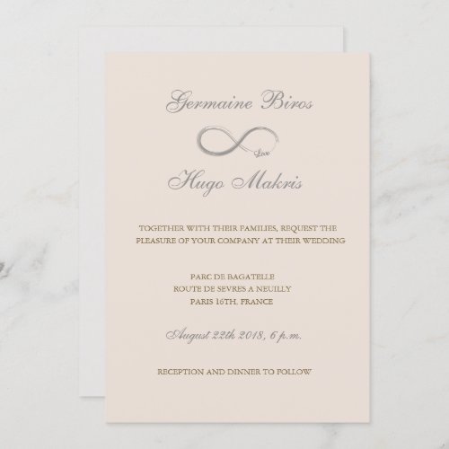 Infinity symbol taupe gray gold elegant wedding invitation