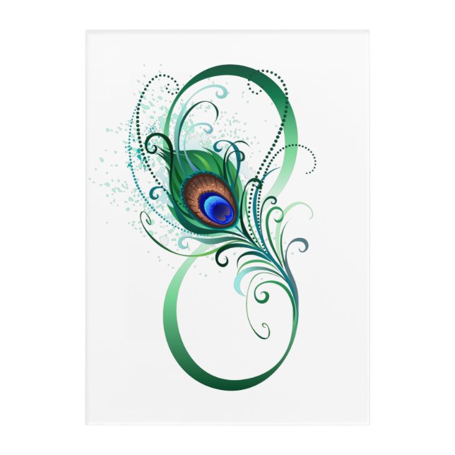 Infinity Symbol with Peacock Feather Acrylic Print (Front)