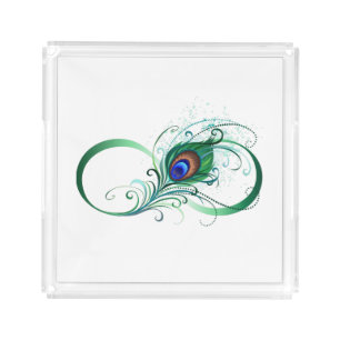 Infinity Symbol with Peacock Feather Acrylic Tray