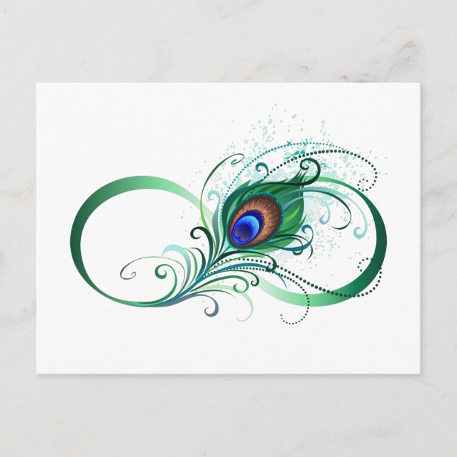 Infinity Symbol with Peacock Feather Announcement Postcard (Front)