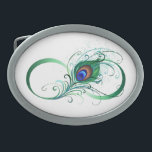 Infinity Symbol with Peacock Feather Belt Buckle<br><div class="desc">The symbol of infinity with a bright,  green,  artistic peacock feather on a white background. Tattoo style.</div>