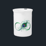 Infinity Symbol with Peacock Feather Beverage Pitcher<br><div class="desc">The symbol of infinity with a bright,  green,  artistic peacock feather on a white background. Tattoo style.</div>