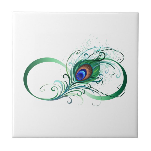 Infinity Symbol with Peacock Feather Ceramic Tile (Front)