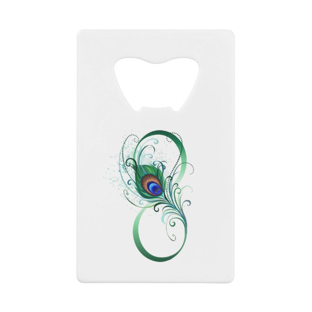 Infinity Symbol with Peacock Feather Credit Card Bottle Opener (Front)