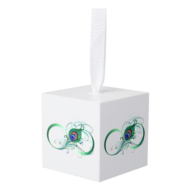Infinity Symbol with Peacock Feather Cube Ornament (Front Angled)
