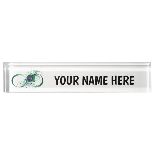 Infinity Symbol with Peacock Feather Desk Name Plate