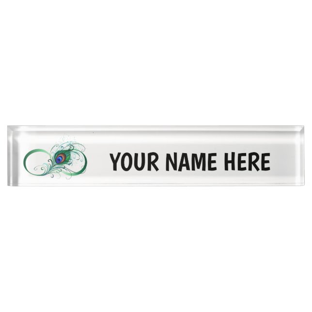 Infinity Symbol with Peacock Feather Desk Name Plate (Front)