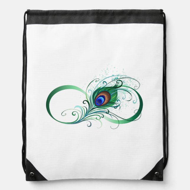 Infinity Symbol with Peacock Feather Drawstring Bag (Front)