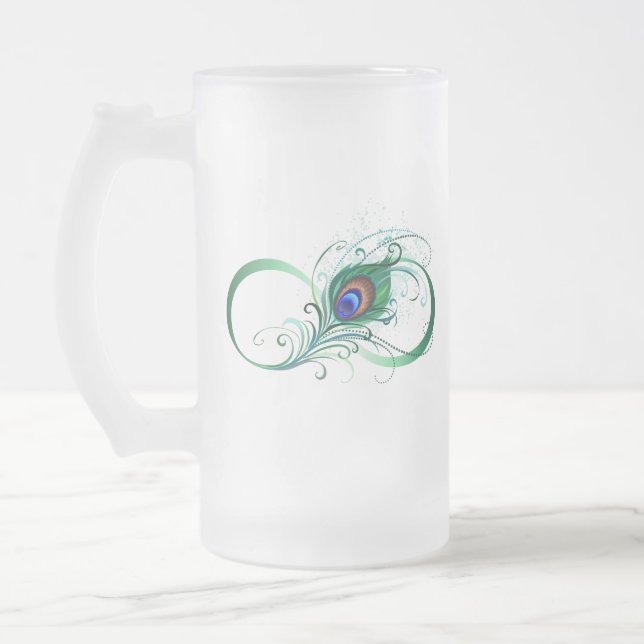 Infinity Symbol with Peacock Feather Frosted Glass Beer Mug (Left)