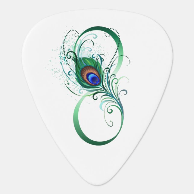 Infinity Symbol with Peacock Feather Guitar Pick (Front)