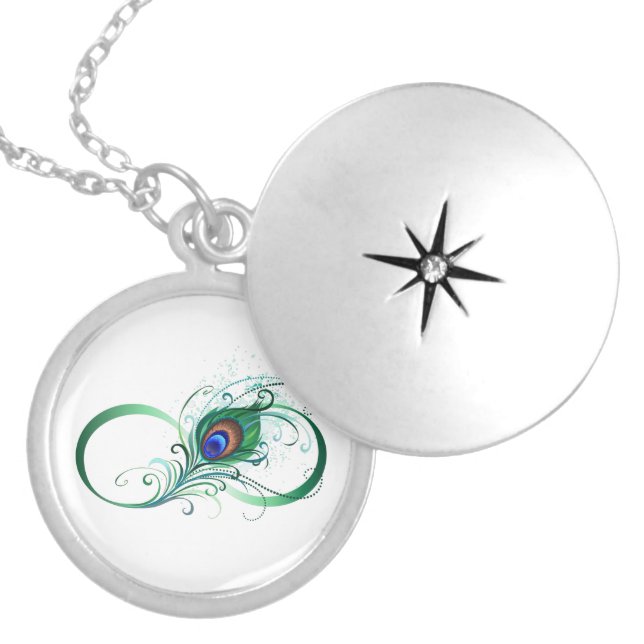 Infinity Symbol with Peacock Feather Locket Necklace (Front)