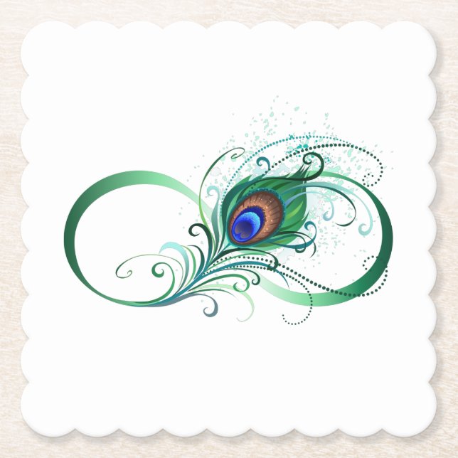 Infinity Symbol with Peacock Feather Paper Coaster (Front)