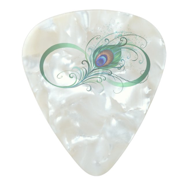 Infinity Symbol with Peacock Feather Pearl Celluloid Guitar Pick (Front)