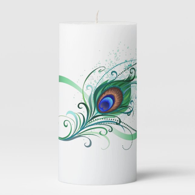 Infinity Symbol with Peacock Feather Pillar Candle (Front)