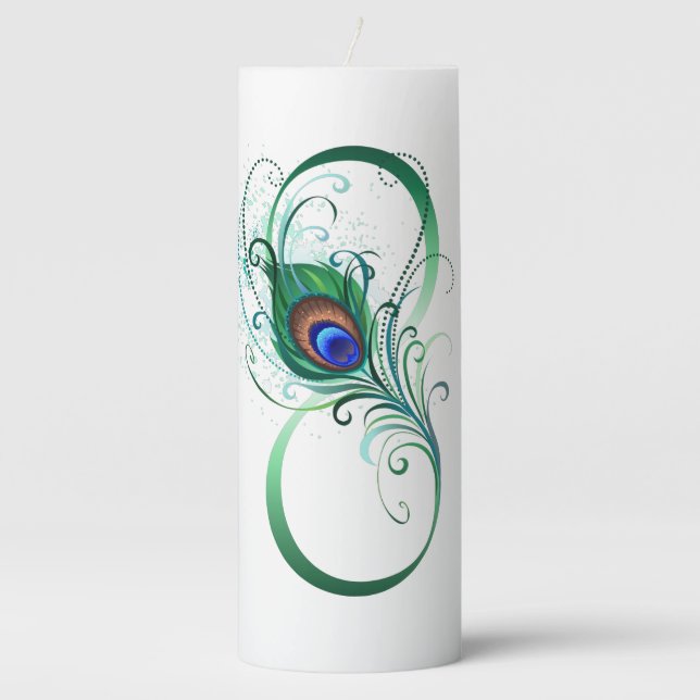 Infinity Symbol with Peacock Feather Pillar Candle (Front)