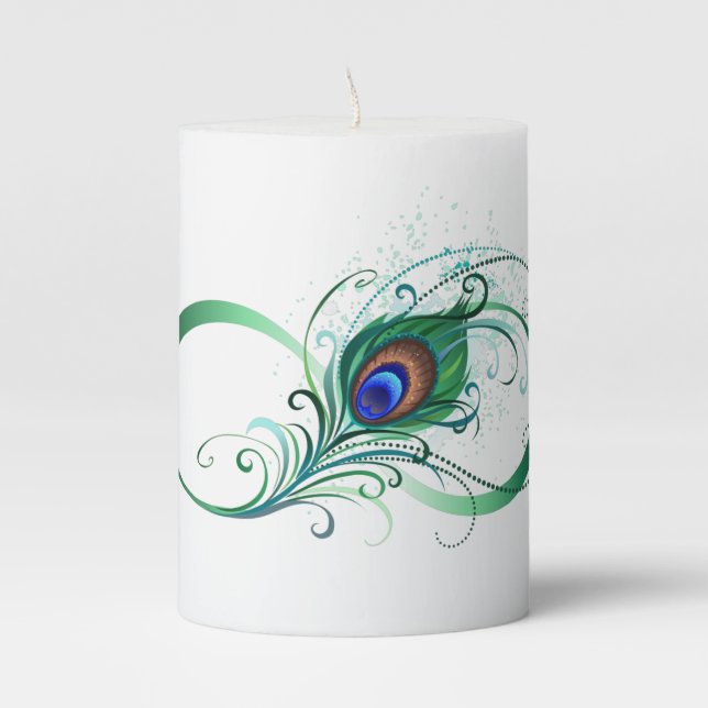Infinity Symbol with Peacock Feather Pillar Candle (Front)