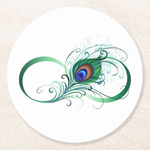 Infinity Symbol with Peacock Feather Round Paper Coaster