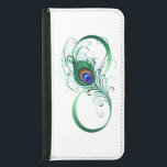 Infinity Symbol with Peacock Feather Samsung Galaxy S5 Wallet Case<br><div class="desc">The symbol of infinity with a bright,  green,  artistic peacock feather on a white background. Tattoo style.</div>