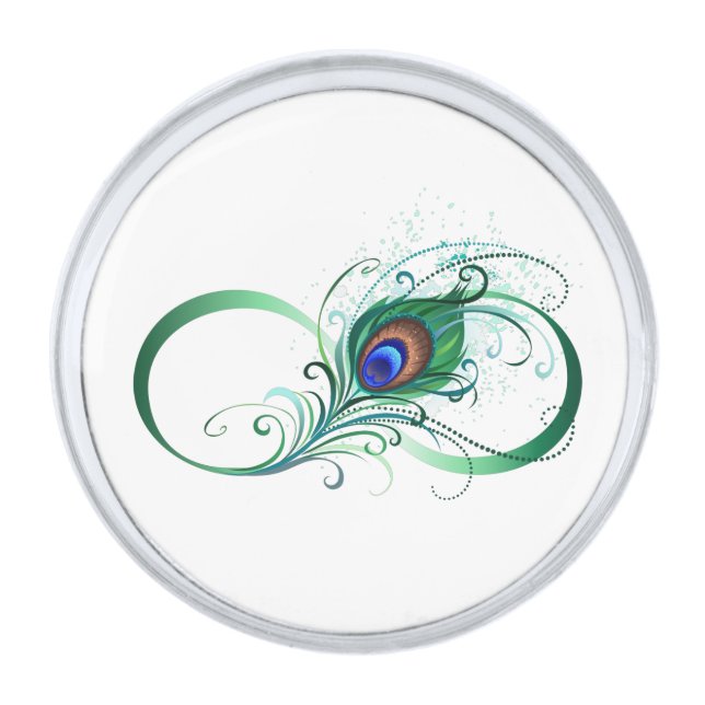Infinity Symbol with Peacock Feather Silver Finish Lapel Pin (Front)