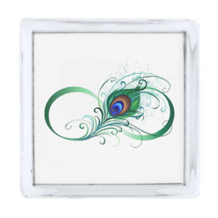 Infinity Symbol with Peacock Feather Silver Finish Lapel Pin