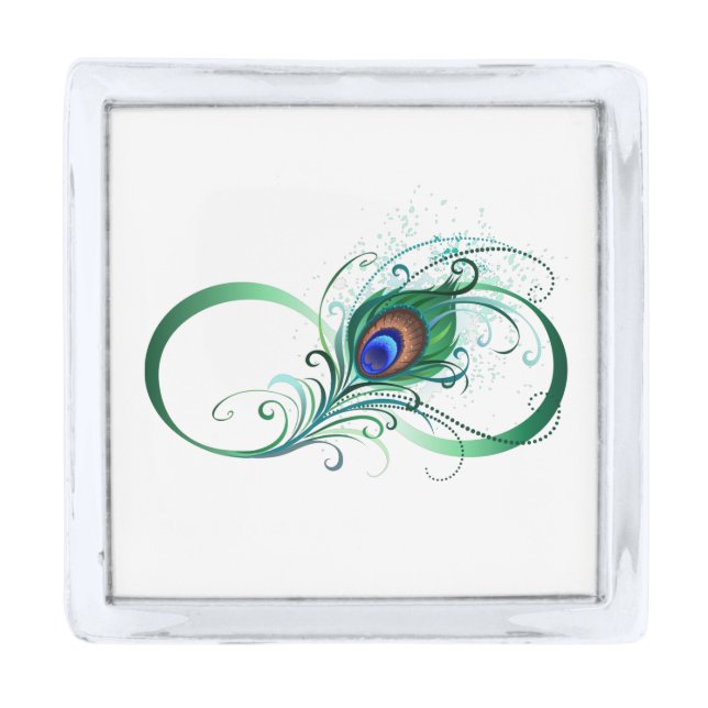 Infinity Symbol with Peacock Feather Silver Finish Lapel Pin (Front)