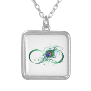 Infinity Symbol with Peacock Feather Silver Plated Necklace