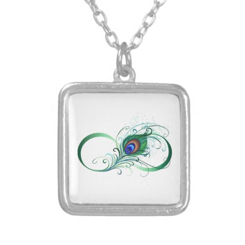 Infinity Symbol with Peacock Feather Silver Plated Necklace