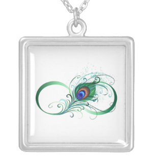 Infinity Symbol with Peacock Feather Silver Plated Necklace
