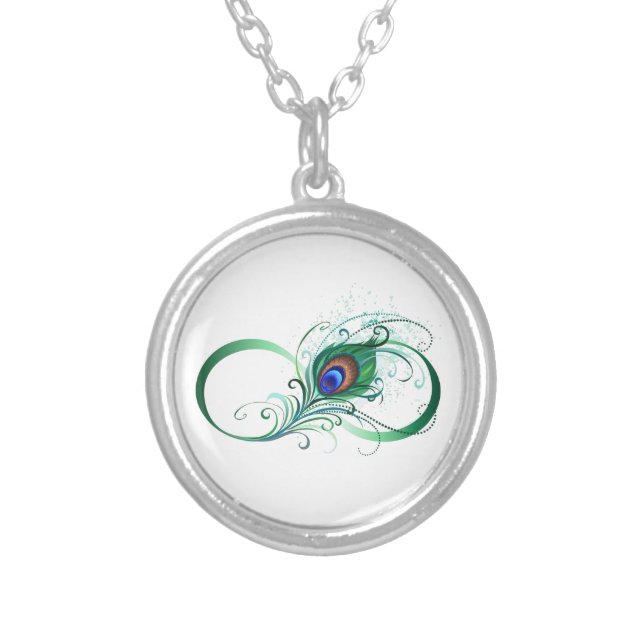 Infinity Symbol with Peacock Feather Silver Plated Necklace (Front)