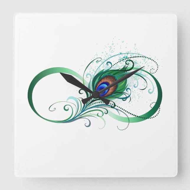 Infinity Symbol with Peacock Feather Square Wall Clock (Front)