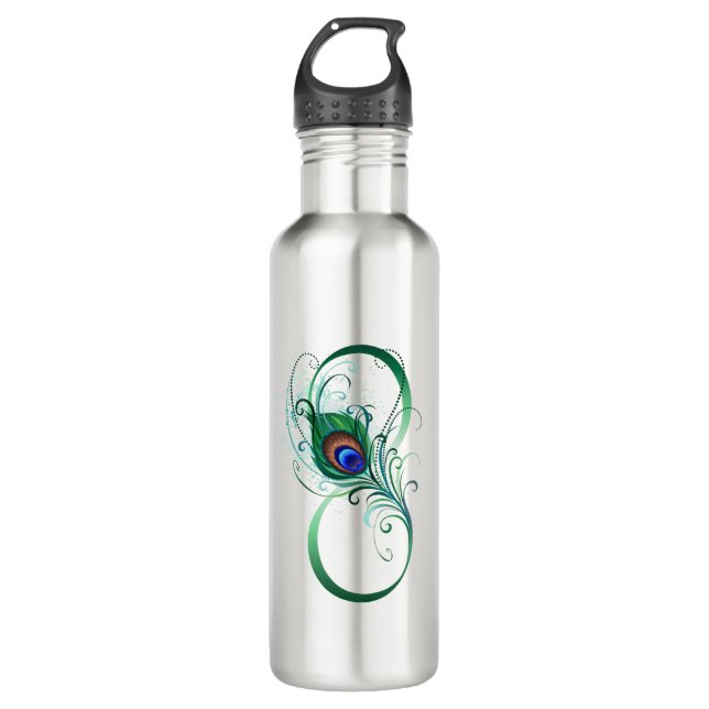 Infinity Symbol with Peacock Feather Stainless Steel Water Bottle (Front)