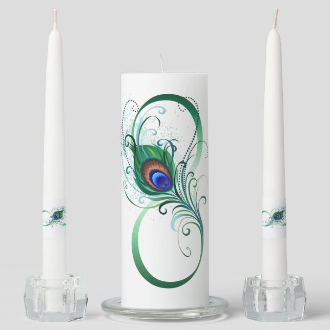 Infinity Symbol with Peacock Feather Unity Candle Set (Front)
