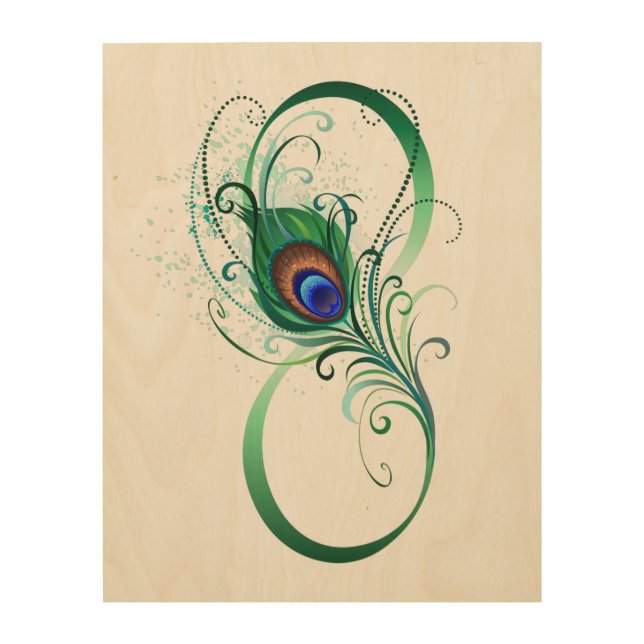 Infinity Symbol with Peacock Feather Wood Wall Art (Front)