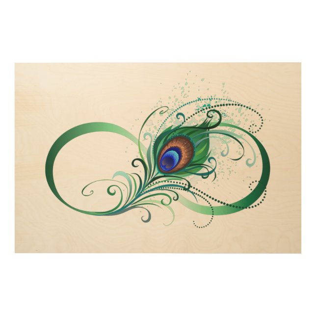 Infinity Symbol with Peacock Feather Wood Wall Art (Front)
