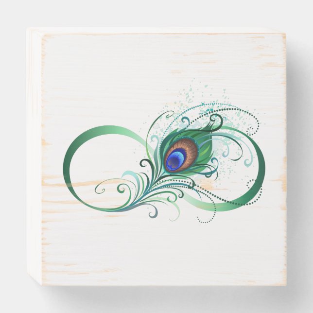 Infinity Symbol with Peacock Feather Wooden Box Sign (Front Horizontal)