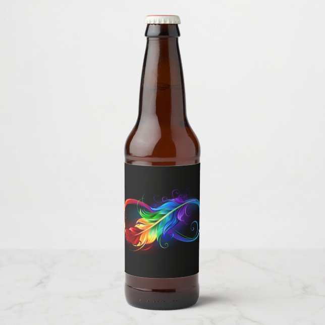 Infinity Symbol with Rainbow Feather Beer Bottle Label (Front)