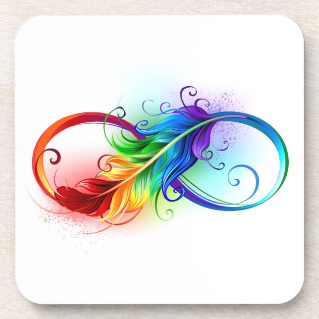 Infinity Symbol with Rainbow Feather Beverage Coaster (Front)