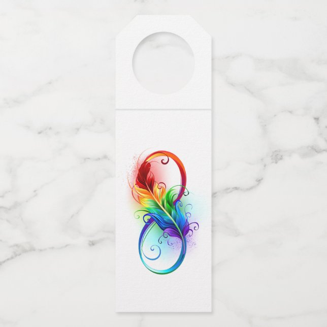 Infinity Symbol with Rainbow Feather Bottle Hanger Tag (Front)