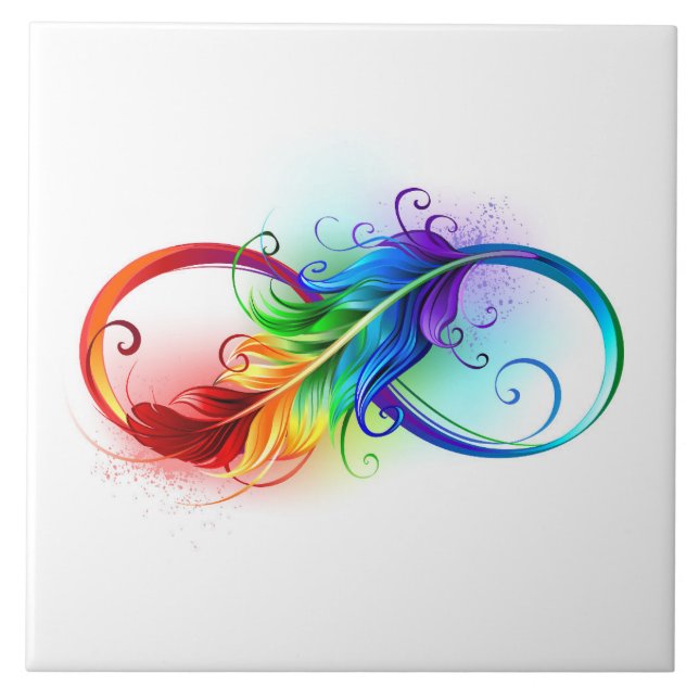 Infinity Symbol with Rainbow Feather Ceramic Tile (Front)