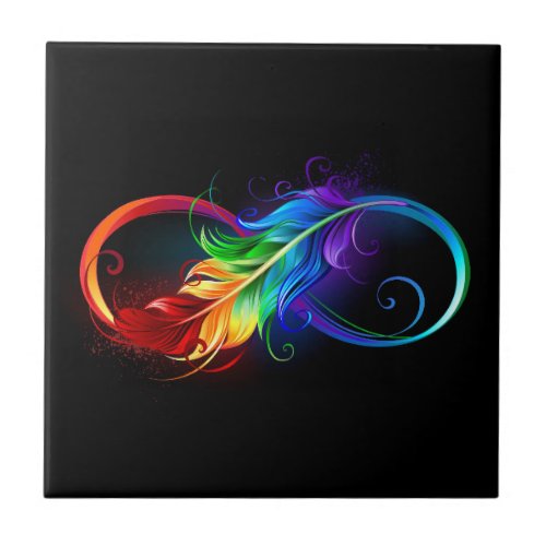 Infinity Symbol with Rainbow Feather Ceramic Tile